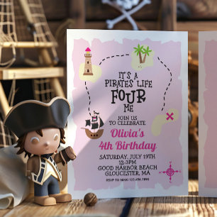 Pirate life FOUR me rose Anniversaire Invitation