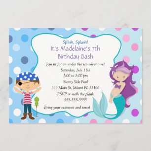 Pirate Mermaid Invitation Kids Birthday Party Kaart