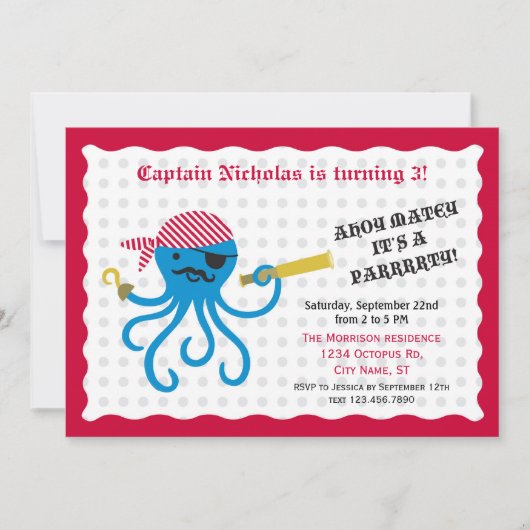 Pirate Octopus Birthday Party Invitation Kaart (Voorkant)