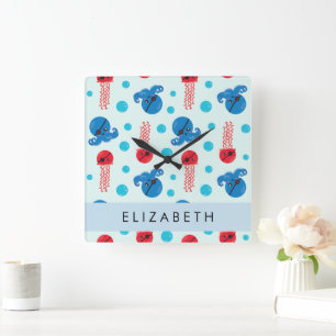 Pirate Octopus, Pirate Jellyfish, Zee, Jouw naam Vierkante Klok