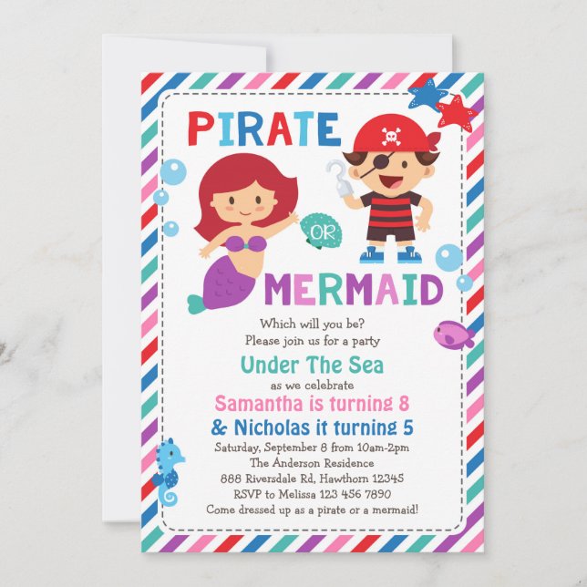 Pirate of Mermaid Invitation, onder de zee partij Kaart (Voorkant)