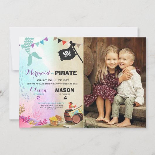 Pirate of Zeemeermin uitnodiging voor verjaardag B (Voorkant)