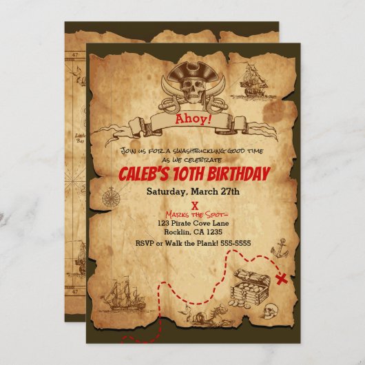 Pirate Old  Treasure Map Birthday Party Kaart (Voorkant / Achterkant)