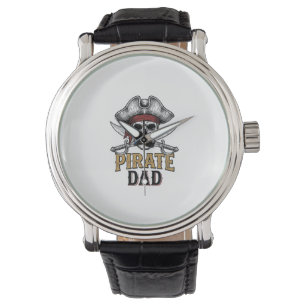 Pirate Papa Schedel Zwaard Vintage Gravure Shirt_1 Horloge