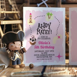 Pirate Pink Treasure kaart Verjaardag Uitnodiging
