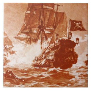 PIRATE SCHIP BATTLE IN bruine sepia Tegeltje