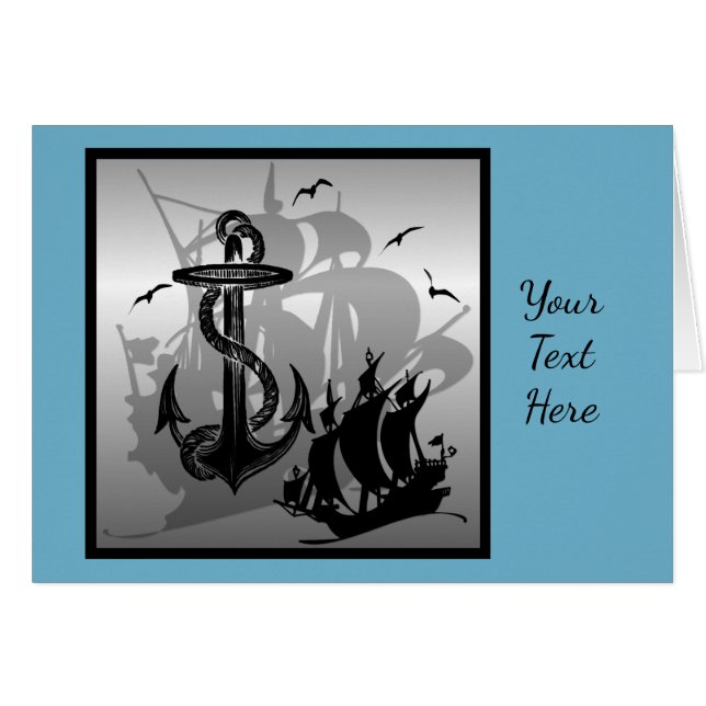 Pirate Ship & Anchor Black Silhouette Card (Voorkant Horizontaal)