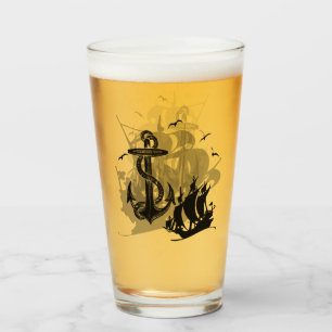 Pirate Ship & Anchor Black Silhouette Glas