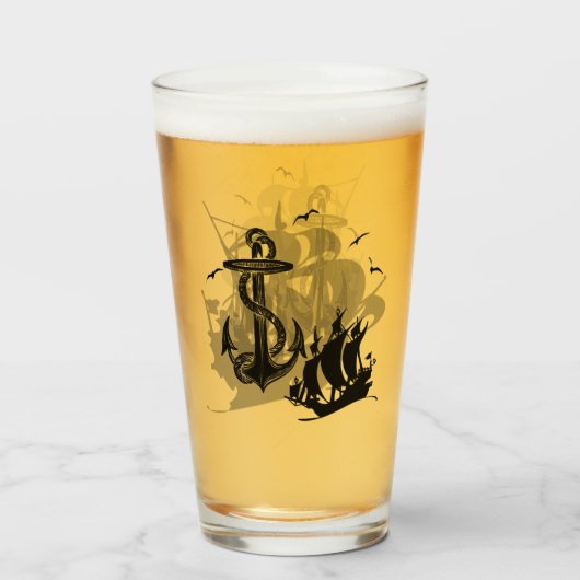 Pirate Ship & Anchor Black Silhouette Glas (Voorkant gevuld)