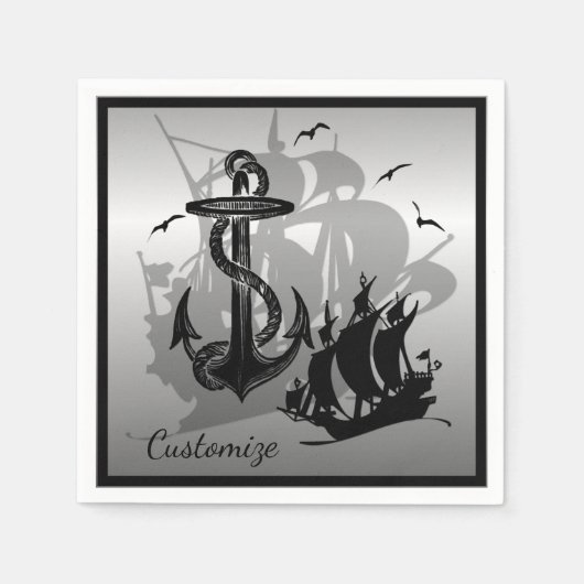 Pirate Ship & Anchor Black Silhouette Napkins 2 Servetten (Voorkant)
