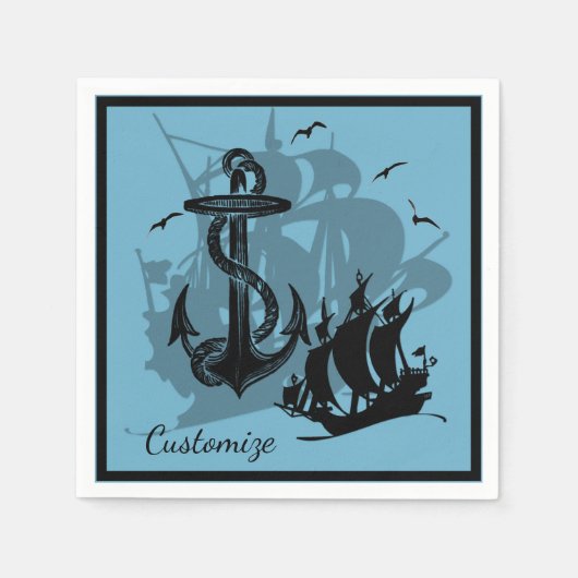 Pirate Ship & Anchor Black Silhouette Napkins 3 Servetten (Voorkant)