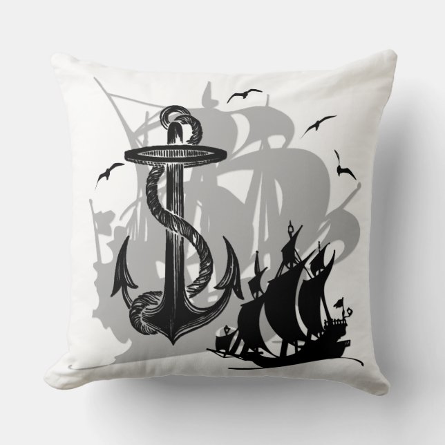 Pirate Ship & Anchor Black Silhouette Sierkussen (Voorkant)