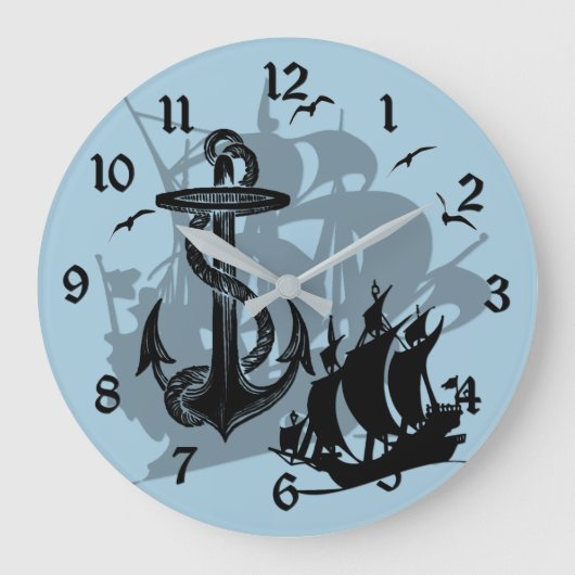 Pirate Ship & Anchor Black Silhouette Wall Clock 2 Grote Klok (Voorkant)