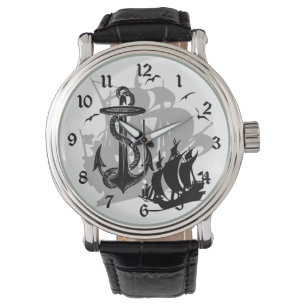 Pirate Ship & Anchor Black Silhouette Watch Horloge