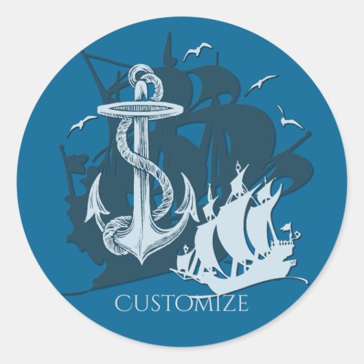 Pirate Ship & Anchor White Silhouette Ronde Sticker (Voorkant)