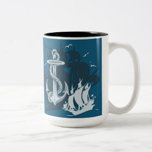 Pirate Ship & Anchor White Silhouette Tweekleurige Koffiemok