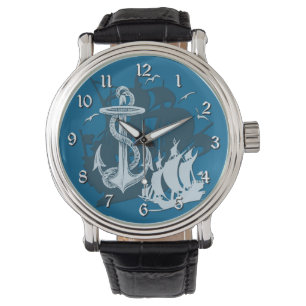 Pirate Ship & Anchor White Silhouette Watch Horloge