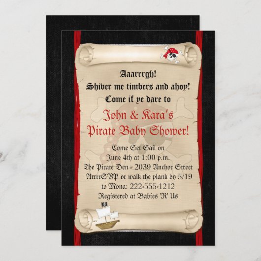 Pirate Ship Baby Shoewing Invitations - Crâne roug (Devant / Derrière)