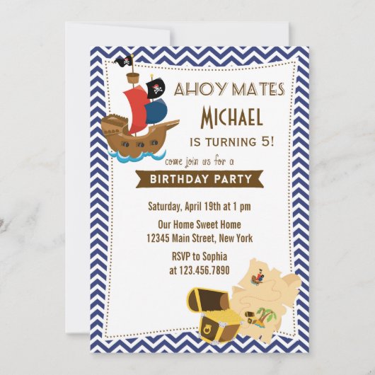 Pirate Ship Birthday Invitation Blue (Devant)
