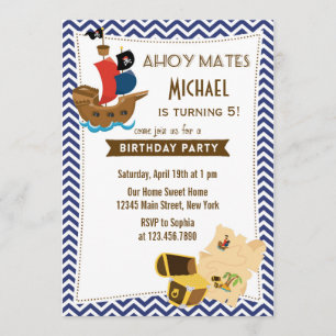 Pirate Ship Birthday Invitation Blue Kaart