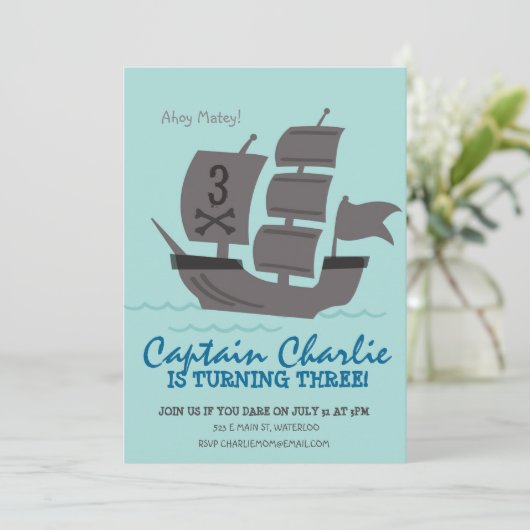 Pirate Ship Birthday Party Invite Kaart (Staand voorkant)