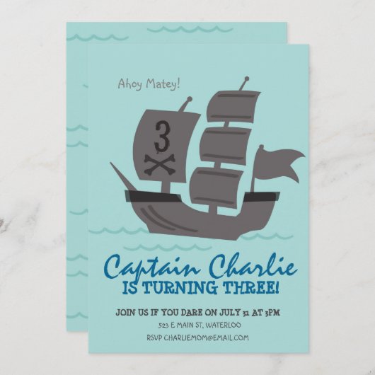 Pirate Ship Birthday Party Invite Kaart (Voorkant / Achterkant)