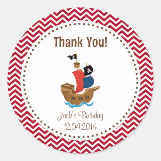 Pirate Ship Birthday Thank You Sticker Red (Voorkant)