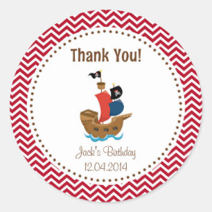 Pirate Ship Birthday Thank You Sticker Red