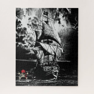 Pirate Ship Black and White Jigsaw Puzzle Puzzle