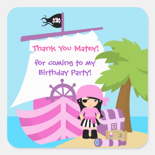 Pirate Ship Girl Anniversaire Sticker Merci (Devant)