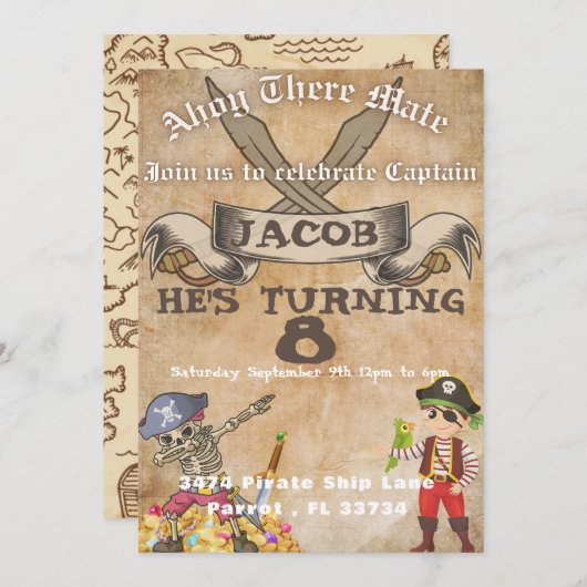Pirate Ship Map Thème Anniversaire Invitations (Devant / Derrière)
