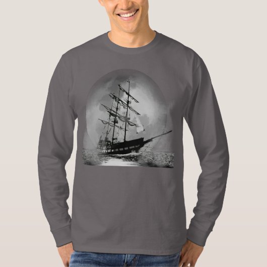 Pirate Ship Sailing out of the Fog Moon T-Shirt (Voorkant)