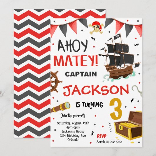 Pirate Ship Treasure Uitnodiging voor verjaardag (Voorkant / Achterkant)
