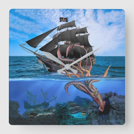 Pirate Ship vs. Giant Squid Vierkante Klok (Voorkant)