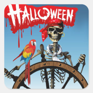 Pirate Skeleton Sailor met Macaw Halloween Party Vierkante Sticker