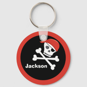 Pirate Skull Crossbones Black Red Monogram Kind Sleutelhanger