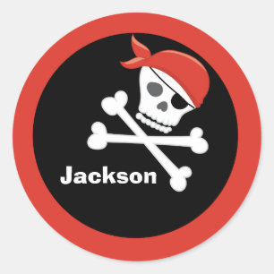 Pirate Skull Crossbones Black Red Monogram Kindere Ronde Sticker