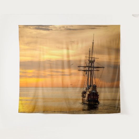 Pirate Skull Golden Ship Tapestry Wandkleed (Voorkant (horizontaal))
