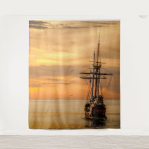 Pirate Skull Golden Ship Tapestry