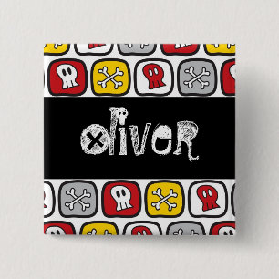 Pirate Skulls & Botten Kind Birthday Party Name Ta Vierkante Button 5,1 Cm