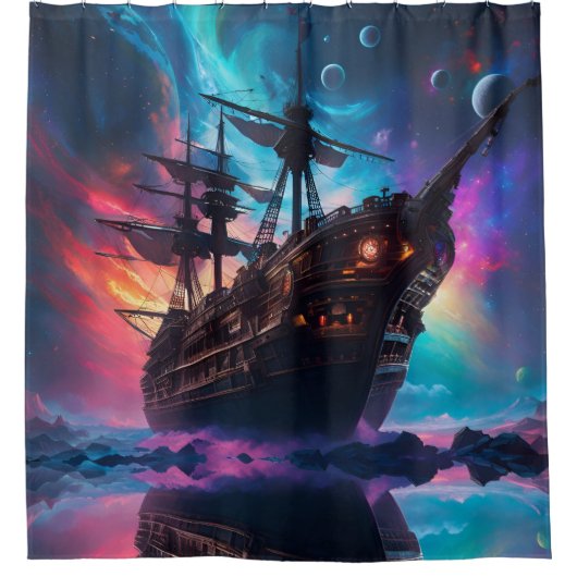 Pirate SpaceShip landt op een andere planeet Douchegordijn (Voorkant)