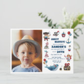 Pirate Thema Foto Jongens 4e Verjaardagsfeest Kaart (Staand voorkant)