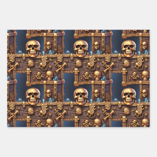 Pirate thema verjaardag schedel 3D skelet borst Inpakpapier Vel (Voorkant 2)