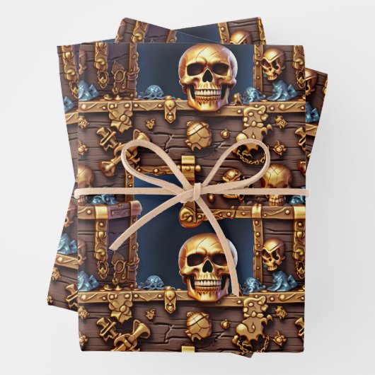 Pirate thema verjaardag schedel 3D skelet borst Inpakpapier Vel (In situ)