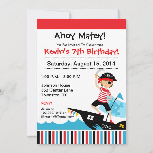 Pirate Theme Birthday Party Invitation Kaart (Voorkant)