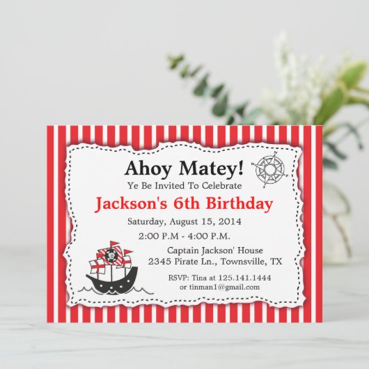 Pirate Theme Birthday Party Invitation Kaart (Staand voorkant)