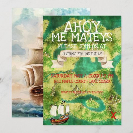 Pirate Theme Party | Carte des trésors de l'aquare (Devant / Derrière)