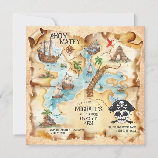 Pirate Thème Trésor Carte Anniversaire Fête (Devant)