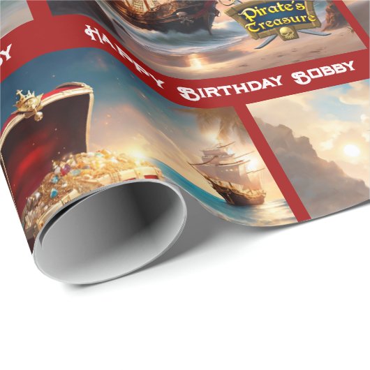 Pirate Treasure Boy's Birthday Personalize Name Cadeaupapier (Rol Hoek)