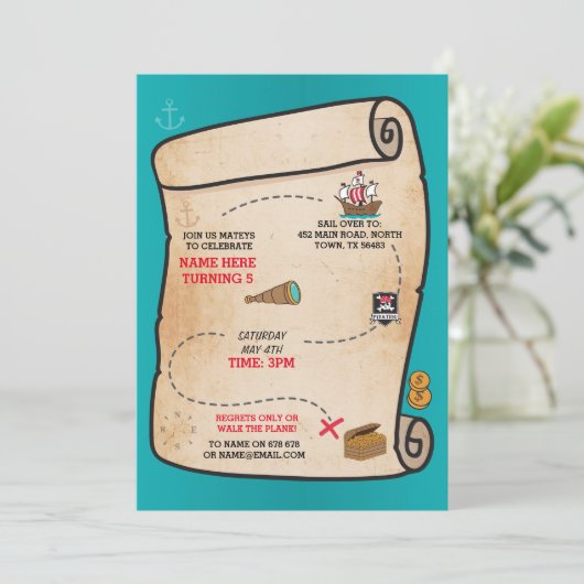 Pirate Treasure Map Anniversaire Navire Invitation (Debout devant)